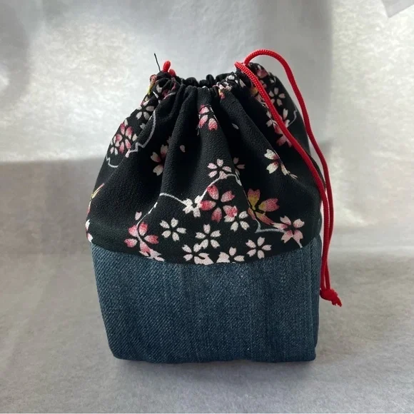 CHERRY BLOSSOM Drawstring Cosmetic Bag Denim Blue Pink Sakura - Picture 1 of 10